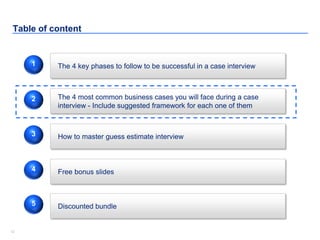 1212
Table of content
The 4 key phases to follow to be successful in a case interview
Free bonus slides
1
4
The 4 most common business cases you will face during a case
interview - Include suggested framework for each one of them
2
How to master guess estimate interview3
Discounted bundle5
 