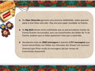 Os Hiper Bonecões geraram uma enorme visibilidade, todos queriam
parar e tirar fotos com eles. Pois era uma super novidade no Evento.
As Big Balls deram tanta visibilidade que os patrocinadores master do
Evento ficaram enciumados, pois nas transmissões das Redes de Tv do
Evento, acabam que as bolas apareciam mais que o esperado.
Recebemos mais de 3000 mensagens e tivemos 1757 mensagens que
foram transmitidas nos Telões nos intervalos dos Shows! Um sucesso!
(tivemos que filtrar muito as mensagens até por tempo de
transmissão disponível)
 