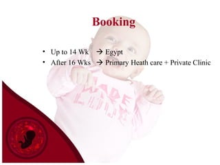 Booking
• Up to 14 Wk  Egypt
• After 16 Wks  Primary Heath care + Private Clinic
 
