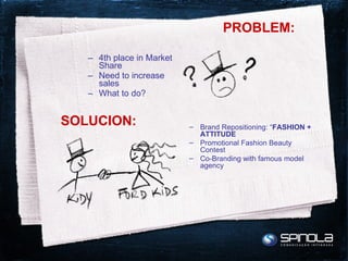 PROBLEM: 4th place in Market Share Need to increase sales What to do? SOLUCION: Brand Repositioning: “ FASHION + ATTITUDE Promotional Fashion Beauty Contest Co-Branding with famous model agency 
