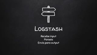 Logstash
Recebe input
Parseia
Envia para output
 
