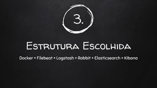 3.
Estrutura Escolhida
Docker + Filebeat + Logstash + Rabbit + Elasticsearch + Kibana
 