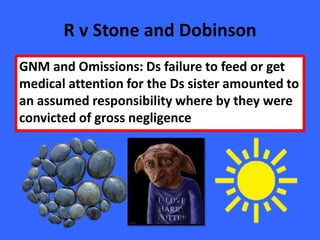 R v Stone and Dobinson
GNM and Omissions: Ds failure to feed or get
medical attention for the Ds sister amounted to
an assumed responsibility where by they were
convicted of gross negligence
 
