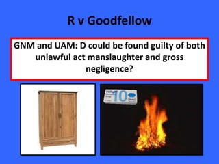 R v Goodfellow
GNM and UAM: D could be found guilty of both
   unlawful act manslaughter and gross
               negligence?
 