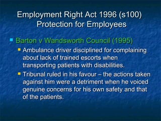 Employment Right Act 1996 (s100)Employment Right Act 1996 (s100)
Protection for EmployeesProtection for Employees
 Barton v Wandsworth Council (1995)Barton v Wandsworth Council (1995)
 Ambulance driver disciplined for complainingAmbulance driver disciplined for complaining
about lack of trained escorts whenabout lack of trained escorts when
transporting patients with disabilities.transporting patients with disabilities.
 Tribunal ruled in his favour – the actions takenTribunal ruled in his favour – the actions taken
against him were a detriment when he voicedagainst him were a detriment when he voiced
genuine concerns for his own safety and thatgenuine concerns for his own safety and that
of the patients.of the patients.
 