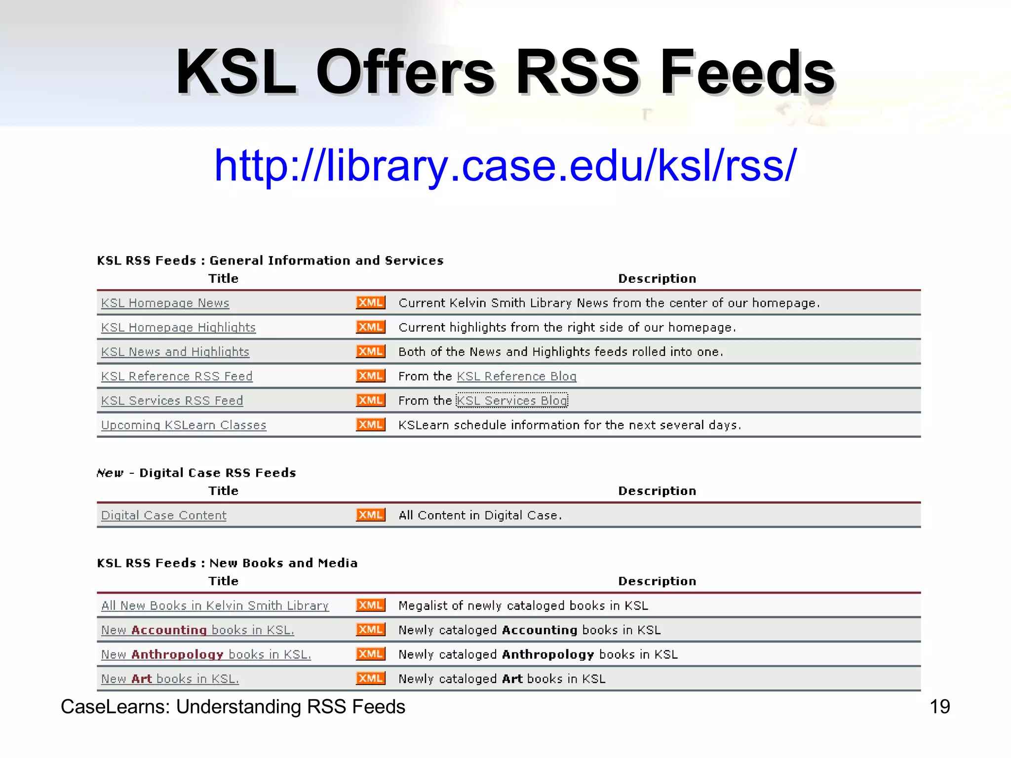 KSL Offers RSS Feeds http://library.case.edu/ksl/rss/ CaseLearns: Understanding RSS Feeds 