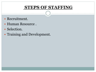 STEPS OF STAFFING
 Recruitment.
 Human Resource .
 Selection.
 Training and Development.
 