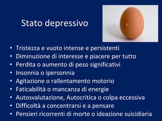 Stato depressivo Tristezza e vuoto intense e persistenti Diminuzione di interesse e piacere per tutto  Perdita o aumento di peso significativi Insonnia o ipersonnia Agitazione o rallentamento motorio Faticabilità o mancanza di energie Autosvalutazione, Autocritica o colpa eccessiva Difficoltà a concentrarsi e a pensare Pensieri ricorrenti di morte o ideazione suicidiaria 