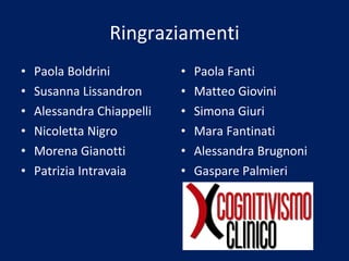 Ringraziamenti Paola Boldrini Susanna Lissandron Alessandra Chiappelli Nicoletta Nigro Morena Gianotti Patrizia Intravaia Paola Fanti Matteo Giovini Simona Giuri Mara Fantinati Alessandra Brugnoni Gaspare Palmieri 