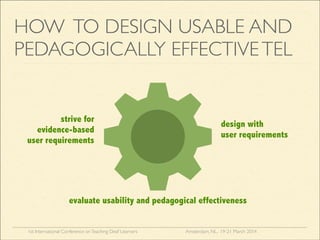 1st International Conference onTeaching Deaf Learners Amsterdam, NL, 19-21 March 2014
HOW TO DESIGN USABLE AND
PEDAGOGICALLY EFFECTIVETEL
strive for
evidence-based
user requirements
design with
user requirements
evaluate usability and pedagogical effectiveness
 