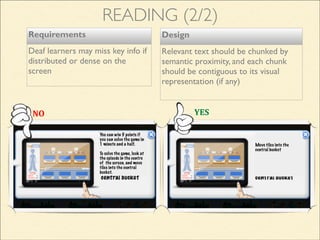 You can win 5 points if
you can solve the game in
1 minute and a half.
!
To solve the game, look at
the episode in the centre
of the screen, and move
tiles into the central
bucket.
NO
Design
Relevant text should be chunked by
semantic proximity, and each chunk
should be contiguous to its visual
representation (if any)
!
!
Move tiles into the
central bucket
!
!
!
!
YES
READING (2/2)
Requirements
Deaf learners may miss key info if
distributed or dense on the
screen
 