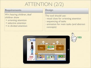 Design
The tool should use:
- visual clues for orienting attention
- sequencing of tasks
- animation for main tasks (and abstract
concepts)
Requirements
Wrt hearing children, deaf
children show
> orienting attention
< selective attention
= in divided attention
ATTENTION (2/2)
YES
 