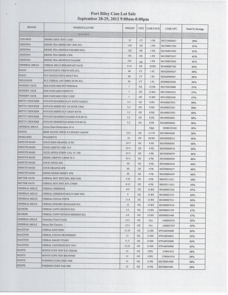 Ft Riley Commissary Case Lot Sale List for the 28th and 29th of Sept