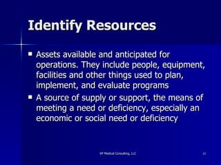 Identify Resources Assets available and anticipated for operations. They include people, equipment, facilities and other things used to plan, implement, and evaluate programs A source of supply or support, the means of meeting a need or deficiency, especially an economic or social need or deficiency  