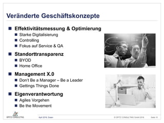 © OPITZ CONSULTING GmbH 2016 Seite 10April 2016, Essen
Veränderte Geschäftskonzepte
 Effektivitätsmessung & Optimierung
 Starke Digitalisierung
 Controlling
 Fokus auf Service & QA
 Standorttransparenz
 BYOD
 Home Office
 Management X.0
 Don‘t Be a Manager – Be a Leader
 Gettings Things Done
 Eigenverantwortung
 Agiles Vorgehen
 Be the Movement
 