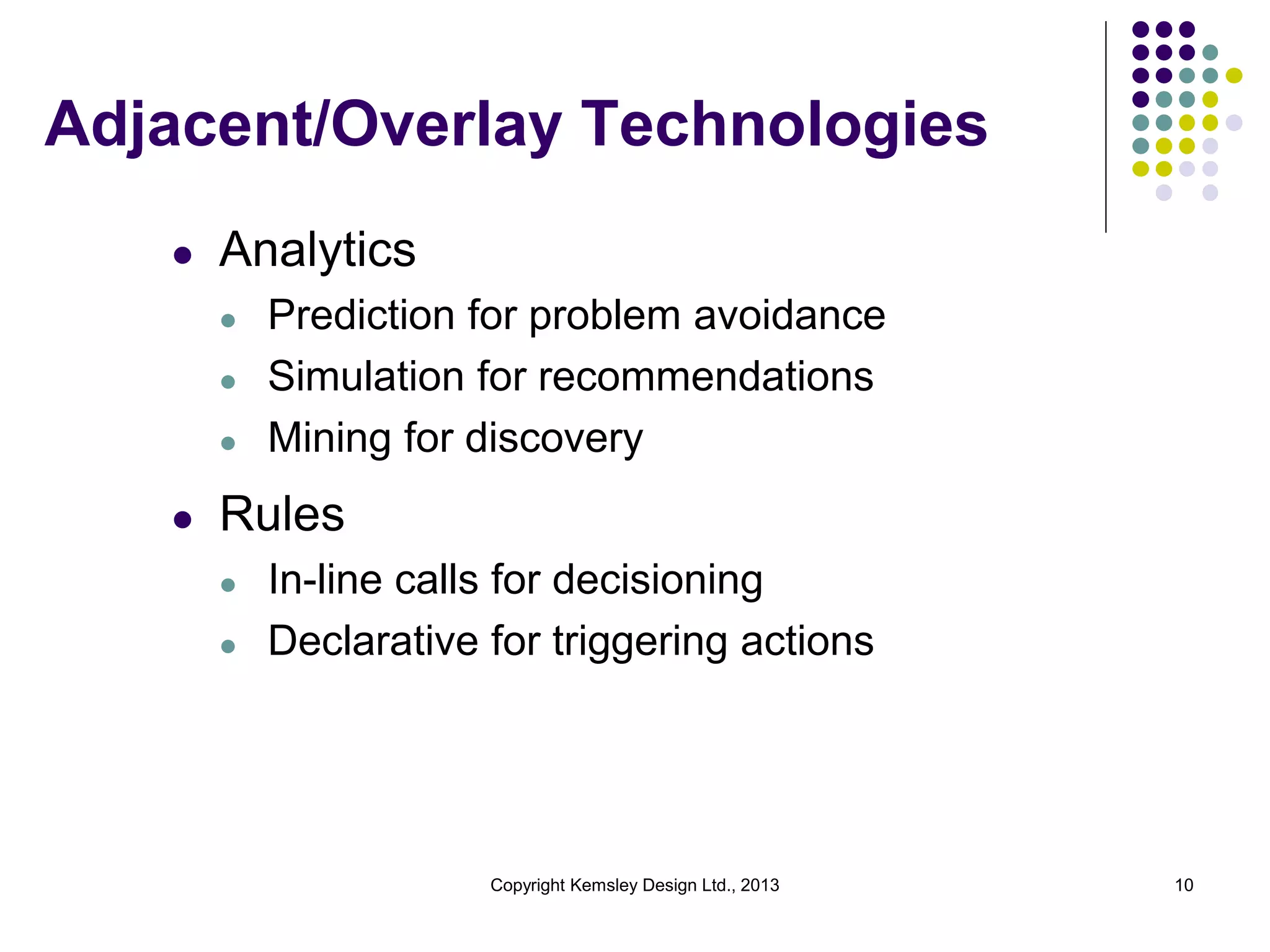 Adjacent/Overlay Technologies
l

Analytics
l
l
l

l

Prediction for problem avoidance
Simulation for recommendations
Mining for discovery

Rules
l
l

In-line calls for decisioning
Declarative for triggering actions

Copyright Kemsley Design Ltd., 2013

10

 