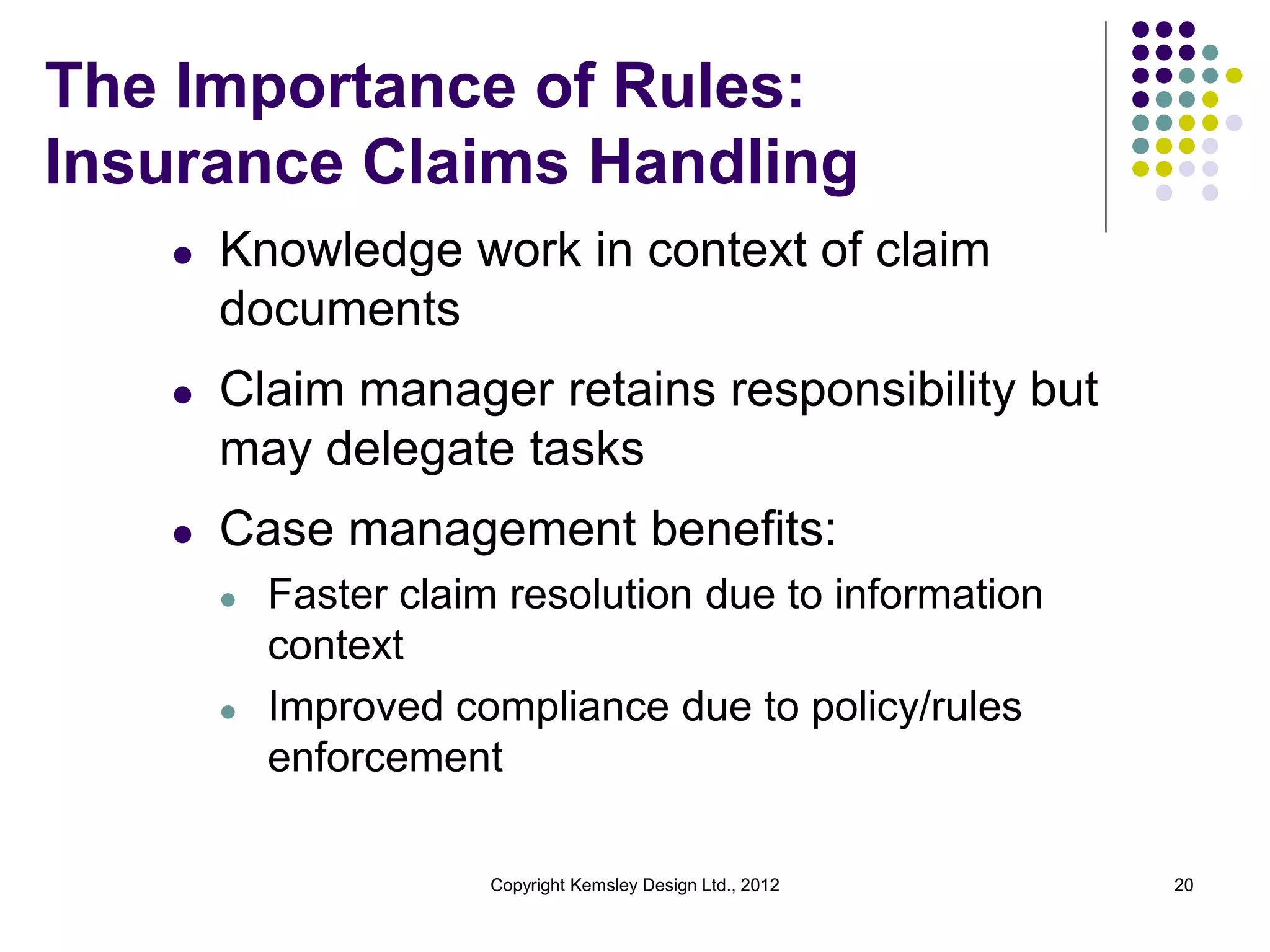 The Importance of Rules:
Insurance Claims Handling
l

Knowledge work in context of claim
documents

l

Claim manager retains responsibility but
may delegate tasks

l

Case management benefits:
l

l

Faster claim resolution due to information
context
Improved compliance due to policy/rules
enforcement
Copyright Kemsley Design Ltd., 2012

20

 