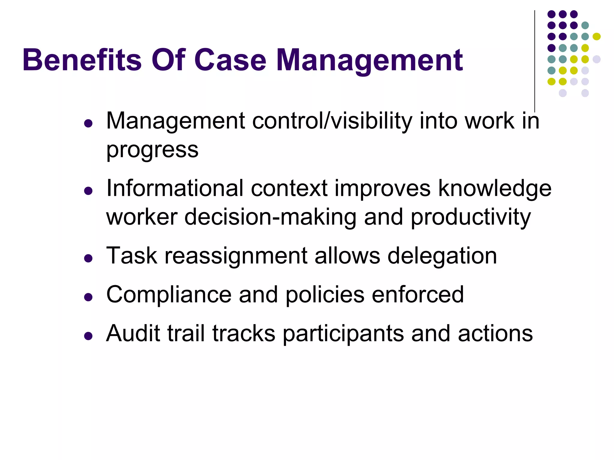 Benefits Of Case Management
l

Management control/visibility into work in
progress

l

Informational context improves knowledge
worker decision-making and productivity

l

Task reassignment allows delegation

l

Compliance and policies enforced

l

Audit trail tracks participants and actions

 