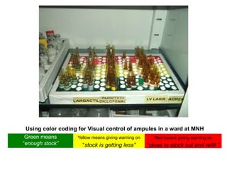 Using color coding for Visual control of ampules in a ward at MNH
Green means
“enough stock”
Yellow means giving warning on
“stock is getting less”
Red means giving warning on
“close to stock out and refill ”
 