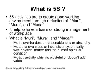 What is 5S ?
• 5S activities are to create good working
environment through reduction of “Muri”,
“Mura”, and “Muda”
• It help to have a basis of strong management
of workplace
• What is “Muri”, “Mura”, and “Muda”?
– Muri : overburden, unreasonableness or absurdity
– Mura : unevenness or inconsistency, primarily
with physical matter and the human spiritual
condition
– Muda : activity which is wasteful or doesn’t add
value
Source: http://blog.5stoday.com/category/muri-mura-muda/
 