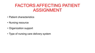 FACTORS AFFECTING PATIENT
ASSIGNMENT
• Patient characteristics
• Nursing resource
• Organization support
• Type of nursing care delivery system
 