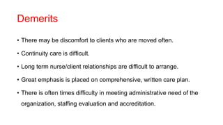 Demerits
• There may be discomfort to clients who are moved often.
• Continuity care is difficult.
• Long term nurse/client relationships are difficult to arrange.
• Great emphasis is placed on comprehensive, written care plan.
• There is often times difficulty in meeting administrative need of the
organization, staffing evaluation and accreditation.
 