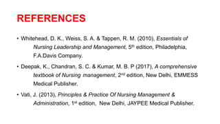 REFERENCES
• Whitehead, D. K., Weiss, S. A. & Tappen, R. M. (2010), Essentials of
Nursing Leadership and Management, 5th edition, Philadelphia,
F.A.Davis Company.
• Deepak, K., Chandran, S. C. & Kumar, M. B. P (2017), A comprehensive
textbook of Nursing management, 2nd edition, New Delhi, EMMESS
Medical Publisher.
• Vati, J. (2013), Principles & Practice Of Nursing Management &
Administration, 1st edition, New Delhi, JAYPEE Medical Publisher.
 