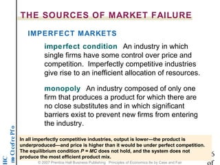 THE SOURCES OF MARKET FAILURE 
IMPERFECT MARKETS 
imperfect condition An industry in which 
single firms have some control over price and 
competition. Imperfectly competitive industries 
give rise to an inefficient allocation of resources. 
monopoly An industry composed of only one 
firm that produces a product for which there are 
no close substitutes and in which significant 
barriers exist to prevent new firms from entering 
the industry. 
o f P e r f e c t C o m p 16 
HC 
of 
In all imperfectly competitive industries, output is lower—the product is 
underproduced—and price is higher than it would be under perfect competition. 
The equilibrium condition P = MC does not hold, and the system does not 
produce the most efficient product mix. 
© 2007 Prentice Hall Business Publishing Principles of Economics 8e by Case and Fair 
 