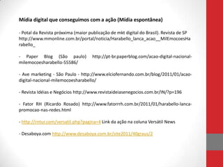 Mídia digital que conseguimos com a ação (Mídia espontânea)

- Potal da Revista próxxima (maior publicação de mkt digital do Brasil). Revista de SP
http://www.mmonline.com.br/portal/noticia/Harabello_lanca_acao__MilEmocoesHa
rabello_

- Paper Blog (São paulo)            http://pt-br.paperblog.com/acao-digital-nacional-
milemocoesharabello-55586/

- Ave marketing - São Paulo - http://www.elciofernando.com.br/blog/2011/01/acao-
digital-nacional-milemocoesharabello/

- Revista Idéias e Negócios http://www.revistaideiasenegocios.com.br/IN/?p=196

- Fator RH (Ricardo Rosado) http://www.fatorrrh.com.br/2011/01/harabello-lanca-
promocao-nas-redes.html

- http://rntur.com/versatil.php?pagina=4 Link da ação na coluna Versátil News

- Desaboya.com http://www.desaboya.com.br/site2011/40graus/2
 