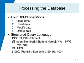Processing the Database

• Four DBMS operations
  1.   Read data
  2.   Insert data
  3.   Modify data
  4.   Delete data
• Structured Query Language
  INSERT INTO Student
  ([Student Number], [Student Name], HW1, HW2,
      MidTerm)
  VALUES
  (1000, ‘Franklin, Benjamin’, 90, 95, 100)

                                                 5-13
 