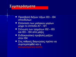 ΣΣυυμμππεερράάσσμμαατταα 
 ΠΠρροοσσββοολλήή δδεεξξιιώώνν ττόόξξωωνν ΘΘ3 –– ΘΘ44 
σσπποοννδδύύλλωωνν 
 ΕΕππέέκκτταασσηη ττωωνν μμααλλαακκώώνν μμοορρίίωωνν 
μμέέχχρριι ττοο εεππίίππεεδδοο ΑΑ77 –– ΘΘ11 
 ΣΣττέέννωωσσηη ττωωνν ττρρηημμάάττωωνν ΘΘ22 –– ΘΘ3 
κκααιι ΘΘ3 –– ΘΘ44 ααππόό μμάάζζεεςς 
 ΕΕννδδοοκκααννααλλιικκήή ππρροοββοολλήή μμααζζώώνν 
σσττοονν ΘΘ44 
 ΣΣττιιςς ππιιθθααννέέςς δδιιααγγννώώσσεειιςς ππρρέέππεειι νναα 
σσυυμμππεερριιλληηφφθθεείί κκααιι ηη 
ααννεευυρρυυσσμμααττιικκήή κκύύσσττηη 
 