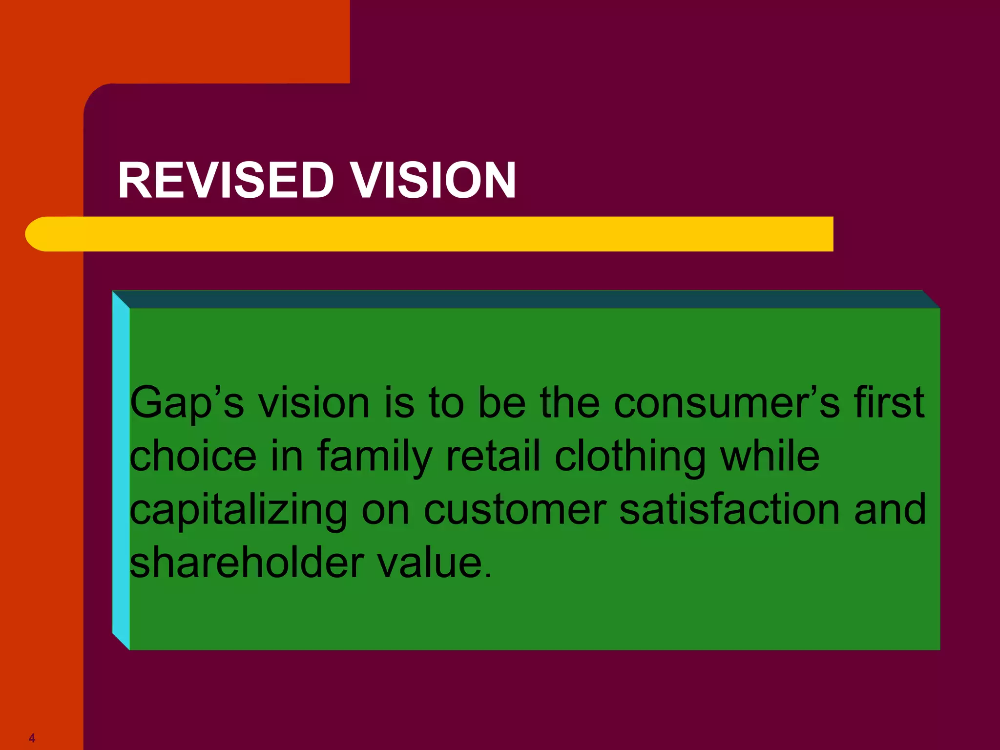 Copyright © 2005 by South-Western, a division of Thomson Learning. All rights reserved.
4
REVISED VISION
Gap’s vision is to be the consumer’s first
choice in family retail clothing while
capitalizing on customer satisfaction and
shareholder value.
 
