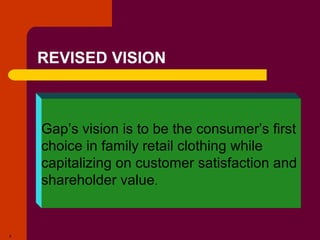 Copyright © 2005 by South-Western, a division of Thomson Learning. All rights reserved.
4
REVISED VISION
Gap’s vision is to be the consumer’s first
choice in family retail clothing while
capitalizing on customer satisfaction and
shareholder value.
 