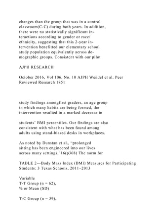 changes than the group that was in a control
classroom(C-C) during both years. In addition,
there were no statistically significant in-
teractions according to gender or race/
ethnicity, suggesting that this 2-year in-
tervention benefitted our elementary school
study population equivalently across de-
mographic groups. Consistent with our pilot
AJPH RESEARCH
October 2016, Vol 106, No. 10 AJPH Wendel et al. Peer
Reviewed Research 1851
study findings amongfirst graders, an age group
in which many habits are being formed, the
intervention resulted in a marked decrease in
students’ BMI percentiles. Our findings are also
consistent with what has been found among
adults using stand-biased desks in workplaces.
As noted by Dunstan et al., “prolonged
sitting has been engineered into our lives
across many settings.”16(p368) The norm for
TABLE 2—Body Mass Index (BMI) Measures for Participating
Students: 3 Texas Schools, 2011–2013
Variable
T-T Group (n = 62),
% or Mean (SD)
T-C Group (n = 59),
 