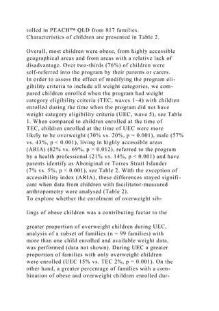rolled in PEACH™ QLD from 817 families.
Characteristics of children are presented in Table 2.
Overall, most children were obese, from highly accessible
geographical areas and from areas with a relative lack of
disadvantage. Over two-thirds (76%) of children were
self-referred into the program by their parents or carers.
In order to assess the effect of modifying the program eli-
gibility criteria to include all weight categories, we com-
pared children enrolled when the program had weight
category eligibility criteria (TEC, waves 1–4) with children
enrolled during the time when the program did not have
weight category eligibility criteria (UEC, wave 5), see Table
1. When compared to children enrolled at the time of
TEC, children enrolled at the time of UEC were more
likely to be overweight (30% vs. 20%, p = 0.001), male (57%
vs. 43%, p < 0.001), living in highly accessible areas
(ARIA) (82% vs. 69%, p = 0.012), referred to the program
by a health professional (21% vs. 14%, p < 0.001) and have
parents identify as Aboriginal or Torres Strait Islander
(7% vs. 5%, p < 0.001), see Table 2. With the exception of
accessibility index (ARIA), these differences stayed signifi-
cant when data from children with facilitator-measured
anthropometry were analysed (Table 2).
To explore whether the enrolment of overweight sib-
lings of obese children was a contributing factor to the
greater proportion of overweight children during UEC,
analysis of a subset of families (n = 99 families) with
more than one child enrolled and available weight data,
was performed (data not shown). During UEC a greater
proportion of families with only overweight children
were enrolled (UEC 15% vs. TEC 2%, p = 0.001). On the
other hand, a greater percentage of families with a com-
bination of obese and overweight children enrolled dur-
 