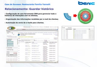Case de Sucesso: Restaurante Família Yannelli

Relacionamento: Guardar histórico
- Configuração de uma ferramenta CRM para gerenciar todo o
histórico de interações com os clientes;

- Organização das informações recebidas por e-mail de clientes;

- Automação do envio de e-mails para clientes.
 