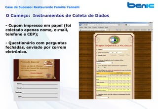 Case de Sucesso: Restaurante Família Yannelli


O Começo: Instrumentos de Coleta de Dados

- Cupom impresso em papel (foi
coletado apenas nome, e-mail,
telefone e CEP);

- Questionário com perguntas
fechadas, enviado por correio
eletrônico.
 
