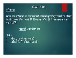 सं दान कारक
प रभाषा -
सं ा या सवनाम के उस प को िजससे कु छ दए जाने या कसी
के लए कु छ कए जाने क या का बोध हो वे सं दान कारक
कहलाते ह।
परसग - के लए, को
जैसे –
 मने राधा को पु तक द ।
 गर ब के लए खाना लाओ।
 