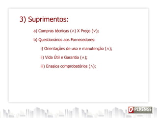 3) Suprimentos:
a) Compras técnicas (˄) X Preço (˅);
b) Questionários aos Fornecedores:
i) Orientações de uso e manutenção (˄);
ii) Vida Útil e Garantia (˄);
iii) Ensaios comprobatórios (˄);
 