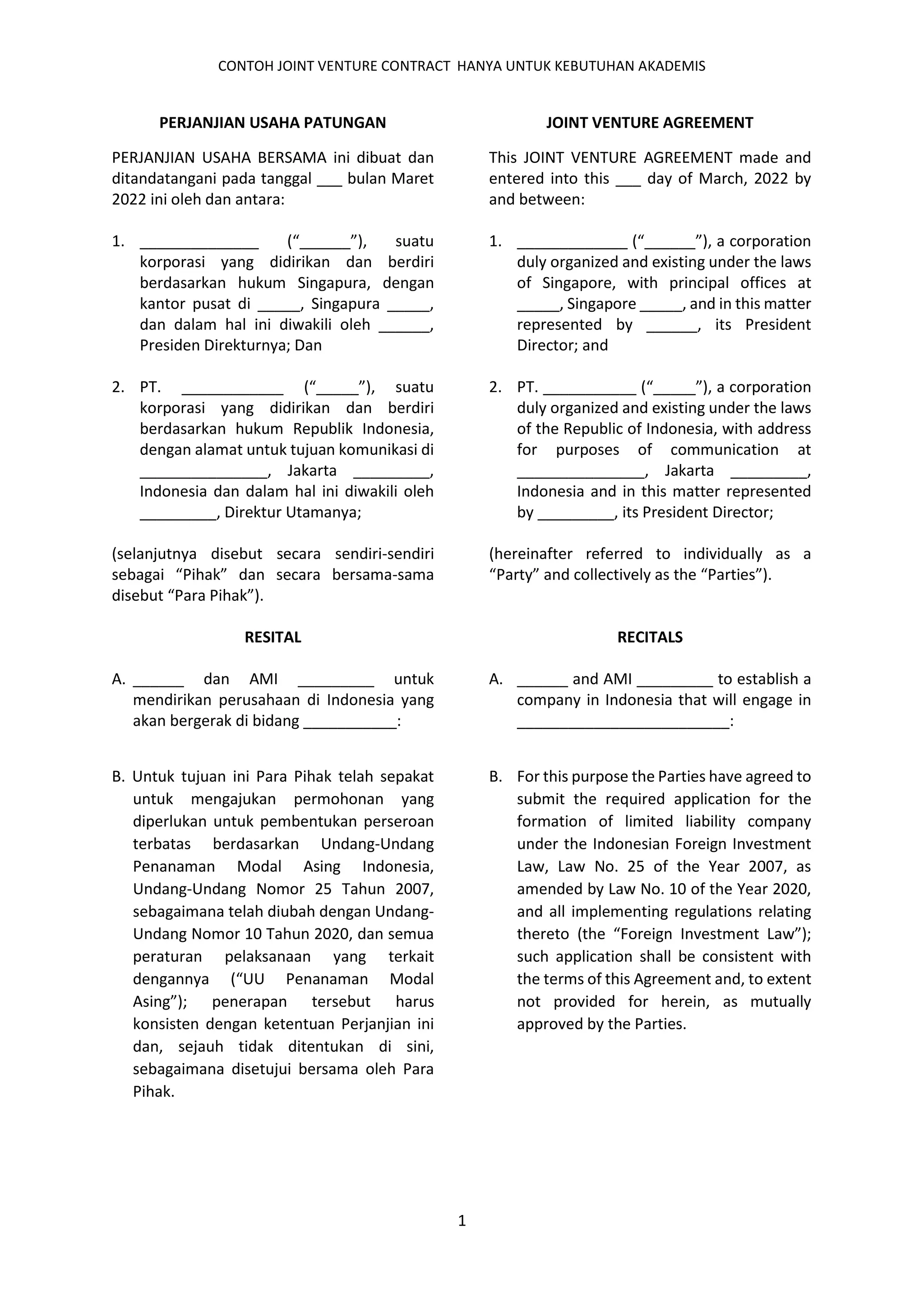 JOINT VENTURE AGREEMENT - PERJANJIAN USAHA PATUNGAN | PDF