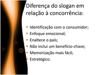 Diferença do slogan em
relação à concorrência:

   Identificação com o consumidor;
   Enfoque emocional;
   Enaltece o país;
   Não inclui um benefício-chave;
   Memorização mais fácil;
   Estratégico.
 