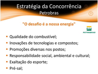 Estratégia da Concorrência
                     Petrobras

           "O desafio é a nossa energia"

   Qualidade do combustível;
   Inovações de tecnologias e compostos;
   Promoções diversas nos postos;
   Responsabilidade social, ambiental e cultural;
   Exaltação do esporte;
   Pré-sal;
 