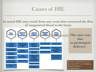 Causes of HIE
As noted HIE may result from any event that restricted the ﬂow
of oxygenated blood to the brain
The case was
due
to prolonged
delivery .
References : Kenneth A. stem ,
Stern Law 2017 , cerebralpalsy ,
Hypoxic-Ischemic
Encephalopathy .
 