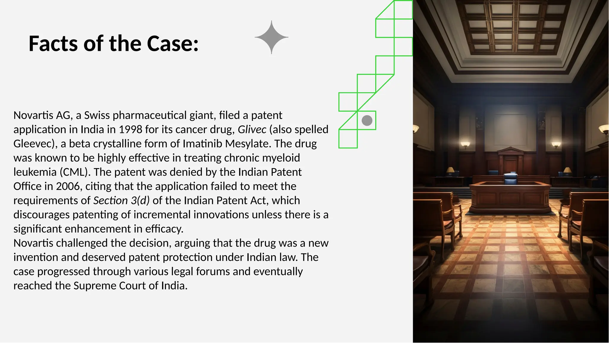 Facts of the Case:
Novartis AG, a Swiss pharmaceutical giant, filed a patent
application in India in 1998 for its cancer drug, Glivec (also spelled
Gleevec), a beta crystalline form of Imatinib Mesylate. The drug
was known to be highly effective in treating chronic myeloid
leukemia (CML). The patent was denied by the Indian Patent
Office in 2006, citing that the application failed to meet the
requirements of Section 3(d) of the Indian Patent Act, which
discourages patenting of incremental innovations unless there is a
significant enhancement in efficacy.
Novartis challenged the decision, arguing that the drug was a new
invention and deserved patent protection under Indian law. The
case progressed through various legal forums and eventually
reached the Supreme Court of India.
 
