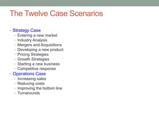The Twelve Case Scenarios
• Strategy Case
  •   Entering a new market
  •   Industry Analysis
  •   Mergers and Acquisitions
  •   Developing a new product
  •   Pricing Strategies
  •   Growth Strategies
  •   Starting a new business
  •   Competitive response
• Operations Case
  •   Increasing sales
  •   Reducing costs
  •   Improving the bottom line
  •   Turnarounds
 