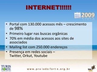 Ações de Internet Marketing2000 - 2009Construção de um novo site - PortalColeta de e-mails pelo site e nos estabelecimentos associadosLink building com todos associadosOtimização do portalCampanhas de links patrocinadosCampanhas de e-mail marketing