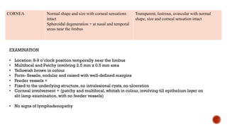 CORNEA Normal shape and size with corneal sensations
intact
Spheroidal degeneration + at nasal and temporal
areas near the limbus
Transparent, lustrous, avascular with normal
shape, size and corneal sensation intact
EXAMINATION
• Location: 8-9 o’clock position temporally near the limbus
• Multifocal and Patchy involving 2.5 mm x 0.5 mm area
• Yellowish brown in colour
• Form- Sessile, nodular and raised with well-defined margins
• Feeder vessels +
• Fixed to the underlying structure, no intralesional cysts, no ulceration
• Corneal involvement + (patchy and multifocal, whitish in colour, involving till epithelium layer on
slit lamp examination, with no feeder vessels)
• No signs of lymphadenopathy
 