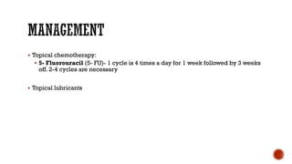 § Topical chemotherapy:
§ 5- Fluorouracil (5- FU)- 1 cycle is 4 times a day for 1 week followed by 3 weeks
off. 2-4 cycles are necessary
§ Topical lubricants
 