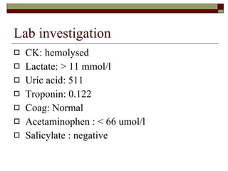 Lab investigation CK: hemolysed Lactate: > 11 mmol/l Uric acid: 511  Troponin: 0.122 Coag: Normal Acetaminophen : < 66 umol/l Salicylate : negative 
