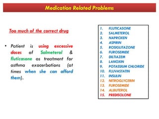 Medication Related Problems
Too much of the correct drug
• Patient is using excessive
doses of Salmeterol &
fluticasone as treatment for
1. FLUTICASONE
2. SALMETEROL
3. NAPROXEN
4. ASPIRIN
5. ROSIGLITAZONE
6. FUROSEMIDE
7. DILTIAZEM
8. LANOXIN
fluticasone as treatment for
asthma exacerbations (at
times when she can afford
them).
8. LANOXIN
9. POTASSIUM CHLORIDE
10. FLUVASTATIN
11. INSULIN
12. NITROGLYCERIN
13. FUROSEMIDE
14. ALBUTEROL
15. PREDISOLONE
 